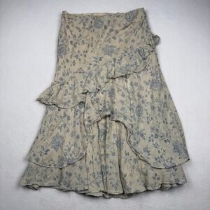 Lauren Ralph Lauren Skirt Womens Medium Beige Floral Silk Linen Wrap Ruffle